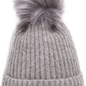 Heritage Traditions  Soft Touch Rib Faux Fur Pom Pom Beanie Hat - Grey   NWT